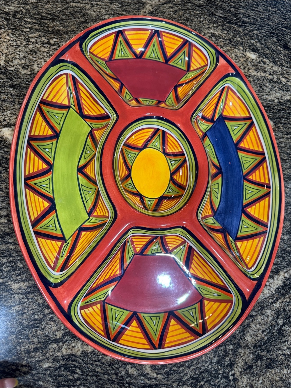 Pier 1 Hand-Painted Sectioned Serving Platter in Coral and Yellow